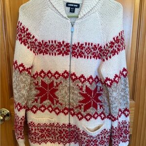 Lands' End Women's Festive Cream and Red Moose Cardigan